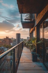 Sticker - Balcony with a potted plant and city view, perfect for urban lifestyle or modern architecture concepts