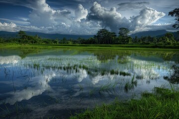 Wall Mural - A serene lake scene with lush green grass and fluffy white clouds in the background