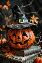 Carved jack-o-lantern wearing witch hat on old book. Halloween celebration.