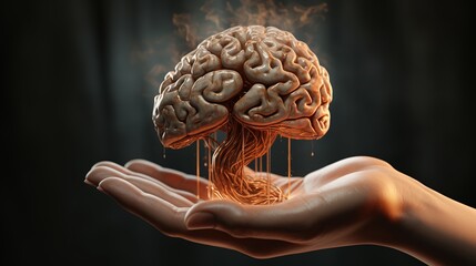 A human brain in a hand with a dark background. Generated Ai