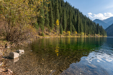 Wall Mural - Beautiful view of Lake Kolsai, Kazakhstan. Sunny day and clear weather