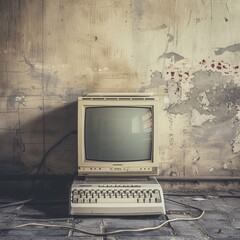 Computer with keyboard and mouse by on wooden table against wall. Generative AI