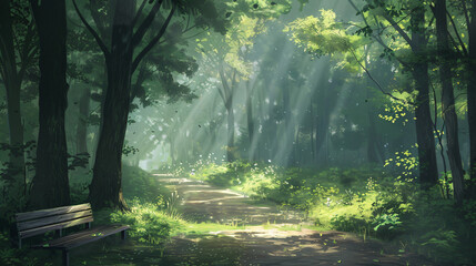 Aufkleber - Sunlight streaming through trees on a path in a lush green forest
