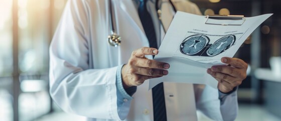 Wall Mural - Doctor in lab coat holds an MRI brain scan showing possible damage. Professional setting with blue-tinted windows creates a focused ambiance.