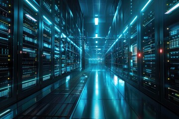 Poster - A server room filled with rows of computers and networking equipment
