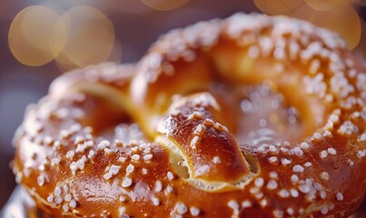 Wall Mural - Close-up of a foamy beer glass with a pretzel on the side at the Oktoberfest festival.