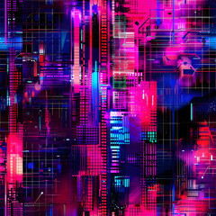 Aufkleber - Seamless cyberpunk cityscape pattern with glowing neon lights