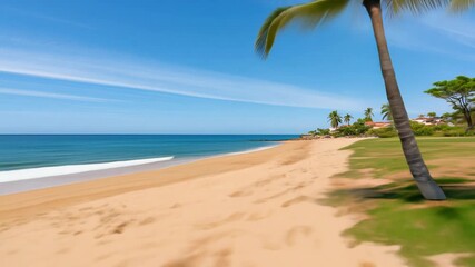 Wall Mural - A serene tropical beach featuring palm trees, clear blue skies, and footprints leading towards the ocean, perfect for a relaxing getaway