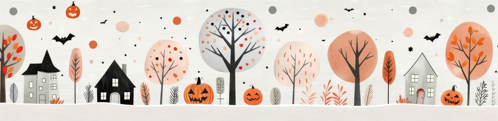 Canvas Print - Autumn Watercolor House With Bats and Pumpkins