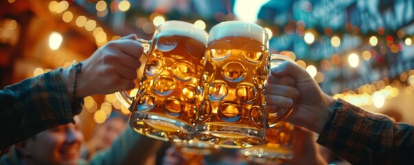 Wall Mural - Friends raising their beer steins in a joyful toast under festive Oktoberfest lights.