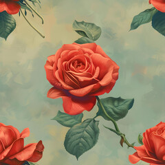 Poster - Red rose repeating pattern on green background