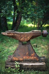 Canvas Print - A metal anvil sits on top of a wooden plank, ready for use