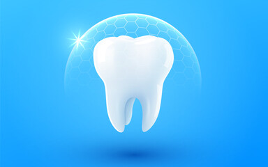 Wall Mural - 3d realistic vector healthy glowing tooth. shield around white tooth. dental care, protection and wh