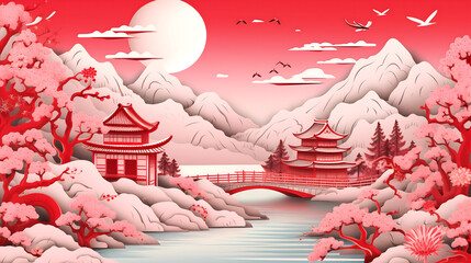 Mountain view red sky in asian style such as chinese, japan, korea style. Chinese drawing arts