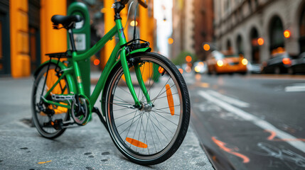 A vibrant green bicycle parked on a city street, showcasing urban life and sustainable transportation options.