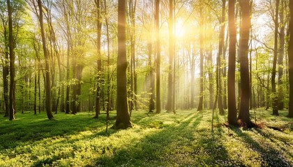 Wall Mural - beautiful forest in spring with bright sun shining through the trees