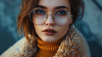 A woman wearing glasses and a turtle neck sweater