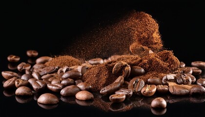 Wall Mural - coffee beans with ground coffee explosion on black background