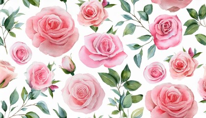 Wall Mural - watercolor pink roses seamless floral pattern