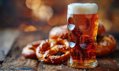 Wall Mural - A close-up of a foamy beer glass with a pretzel on the side at the Oktoberfest festival.