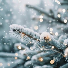 Wall Mural - Snowy Pine Branch With Lights