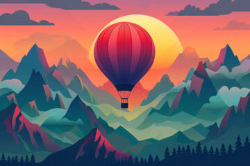 Canvas Print - Hot Air Balloon Soaring Over Majestic Mountains at Sunset