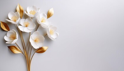 Wall Mural - elegant white blossoms on light gray background with golden stems minimalist floral design