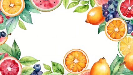 Abstract colorful watercolor summer fruits illustration background. Sweet fresh and healthy citrus food plant diet, delicious tropical art. Banner, empty space, place for text in the middle.