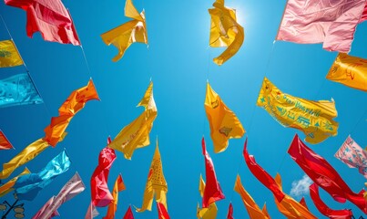 Wall Mural - Colorful Oktoberfest festival flags fluttering against a clear blue sky.