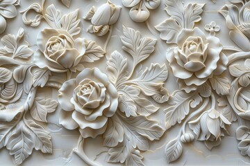 Wall Mural - Elegant floral relief wall art in white, showcasing intricate flower and leaf patterns. Perfect for home decor, adding a touch of luxury and sophistication to any space.