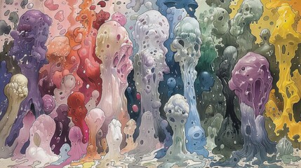 Colorful Abstract Mushrooms; Colorful Psychedelic Art with Dripping Mushroom Shapes