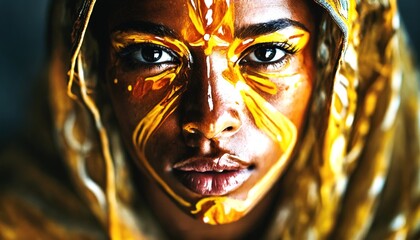 Wall Mural - A person's face, painted with vibrant yellow and orange hues, set against a dark background.