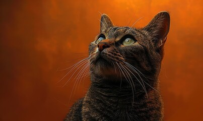 Tabby Cat Gazing Upwards Against Warm Orange Background