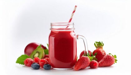 Wall Mural - red fruit smoothie in glass jar with straw and red fruit mix on white background