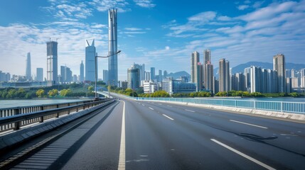 Asphalt road and bridge with modern city buildings scenery in Guangzhou --ar 16:9 Job ID: 154e01cc-ecef-4945-a0bf-ef8d71bb3248