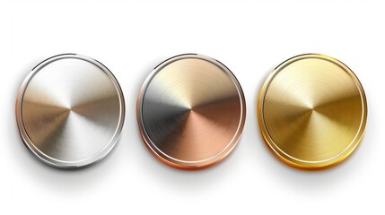 Award golden, silver and bronze blank medals 3d vector realistic illustration. First, second and third place medals or buttons isolated on white background. Quality blank, empty badge, emblem 