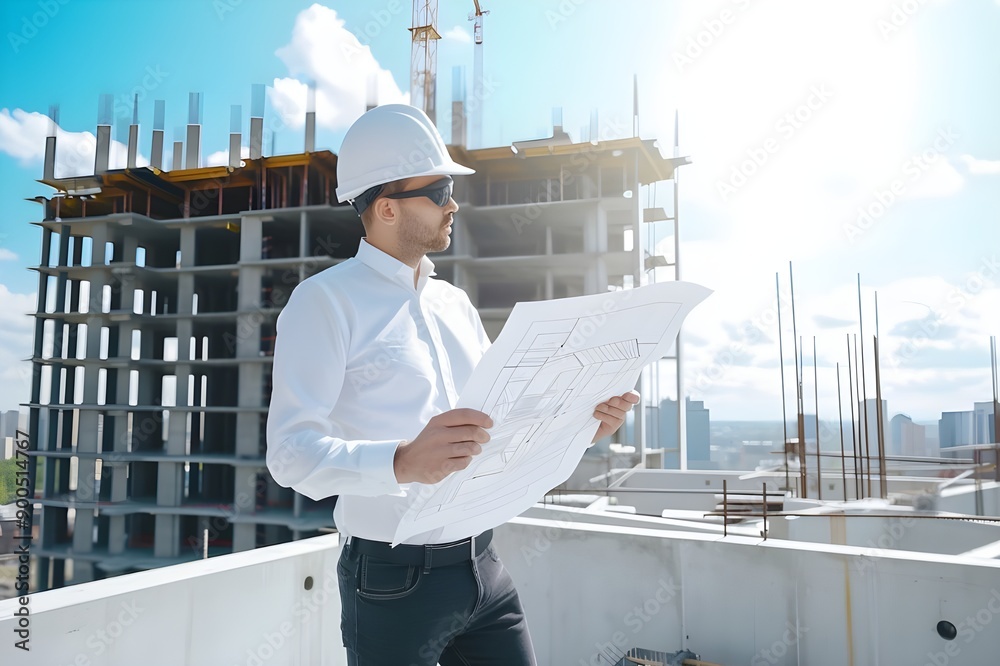 engineer holding a detailed paper plan for inspecting building ...