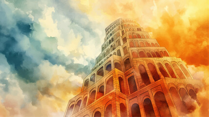 watercolor aquarelle illustration painting of Tower of Babel