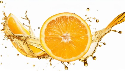 Sticker - orange lemon juice or oil lubricant splash liquid gold yellow drink drops fruit beverage water elements in line form fresh splashing and flowing jets white background isolated freeze motion