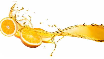 Sticker - orange lemon juice or oil lubricant splash liquid gold yellow drink drops fruit beverage water elements in line form fresh splashing and flowing jets white background isolated freeze motion