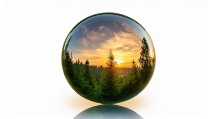 Poster - reflective glass sphere with forest landscape accentuated by a beautiful sunrise