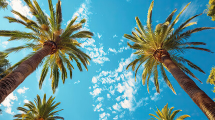 low angle view of Date palm trees against blue sky clouds.
