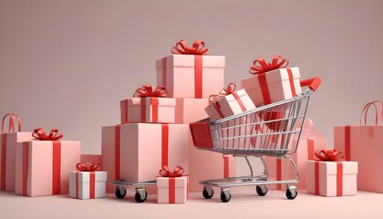 Wall Mural - 3d rendering of promotion sale with gift boxes , Shopping cart , coupon and Shopping bag on minimal background.