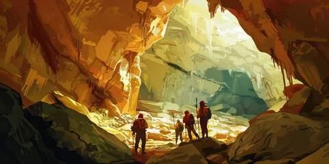 Wall Mural - Cave Expedition: Adventurers spelunking through narrow passages and vast chambers