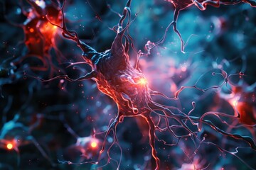 Poster - A close-up view of a group of neurons with synapses and axons visible