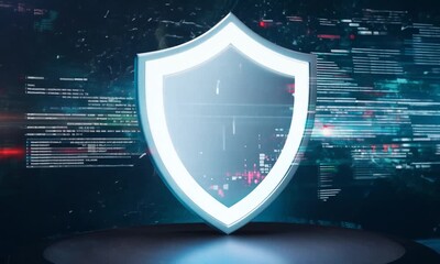 Wall Mural - Digital Shield: A luminous white shield stands tall against a backdrop of swirling blue code, symbolizing the strength and resilience of cybersecurity.  