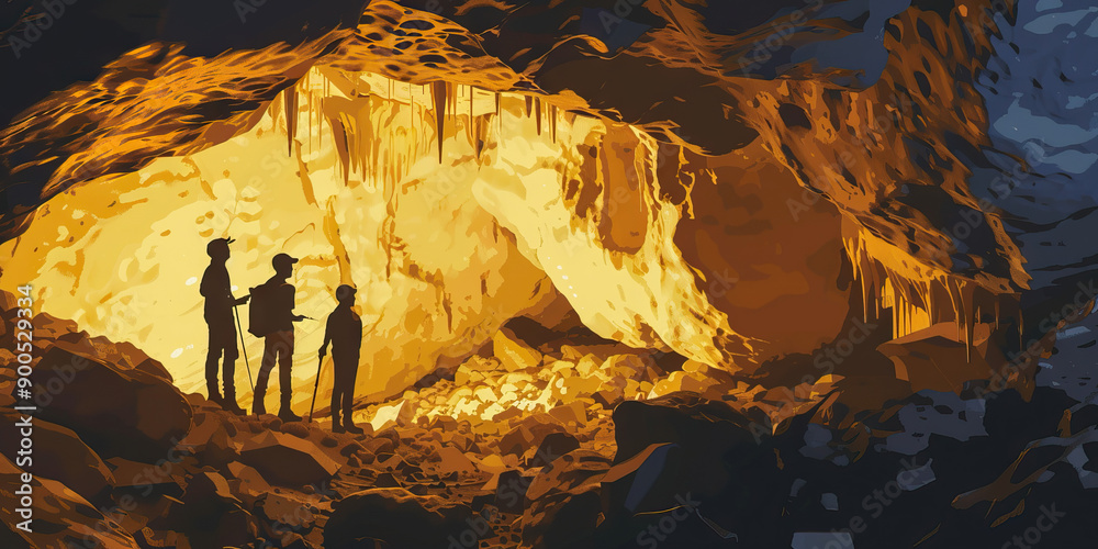 Explorers Working Together Cave Expedition Teamwork: A diverse team of explorers working together ...