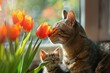 © Jane_S - A ginger kitten enjoying the scent of vibrant orange tulips indoors.