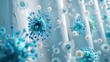 © saichon - Germs on a bathroom shower curtain. Macro shot of virus particles floating in the air, highlighting the spread of infectious diseases and the importance of hygiene.