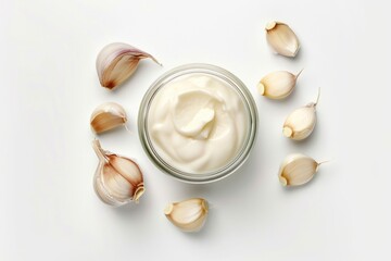 Wall Mural - A jar filled with cream surrounded by garlic cloves on a table or counter